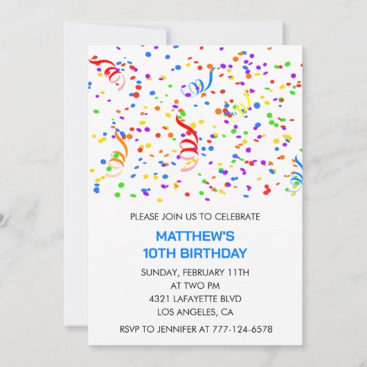 Invitations à 10e anniversaire Confetti Rainbow Bo (Devant)