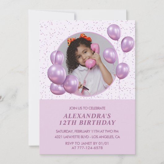 Invitations à 12e anniversaire Ballons Photo Purpl (Devant)