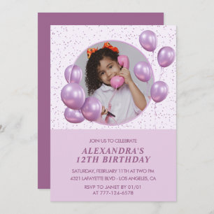 Invitations à 12e anniversaire Ballons Photo Purpl