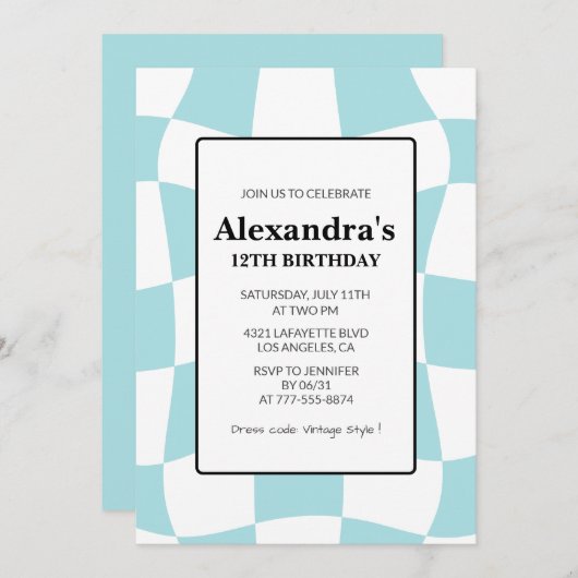Invitations à 12e anniversaire Retro À damiers Blu (Devant / Derrière)