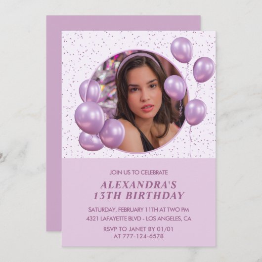 Invitations à 13e anniversaire Ballons Photo Purpl (Devant / Derrière)