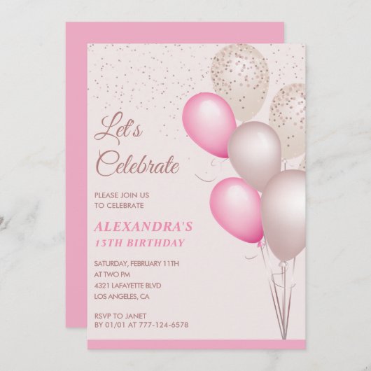 Invitations à 13e anniversaire Balloons Pink Confe (Devant / Derrière)
