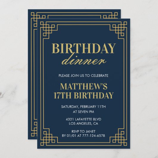 Invitations à 17e anniversaire Anniversaire dîner  (Devant / Derrière)