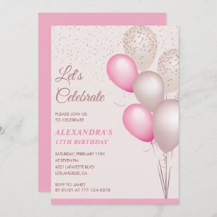 Invitations à 17e anniversaire Balloons Pink Confe