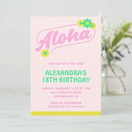 Invitations à 18e anniversaire Tropical Aloha Pink (Debout devant)