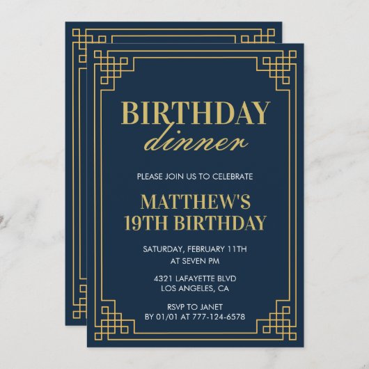 Invitations à 19e anniversaire Anniversaire dîner  (Devant / Derrière)