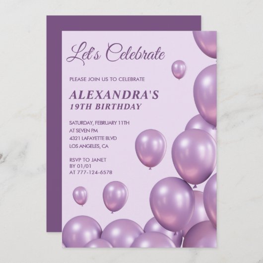 Invitations à 19e anniversaire Ballons Chic Purple (Devant / Derrière)