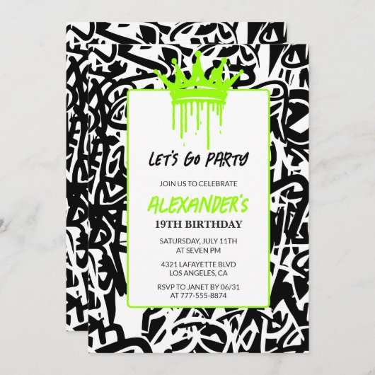 Invitations à 19e anniversaire Hommes Fête Graffit (Devant / Derrière)