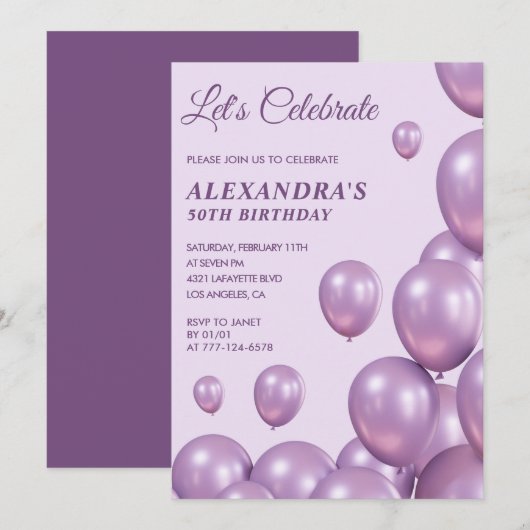 Invitations à 50e anniversaire Ballons Purple (Devant / Derrière)