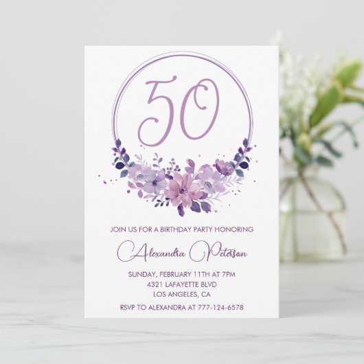 Invitations à 50e anniversaire Elegant Boho violet (Debout devant)