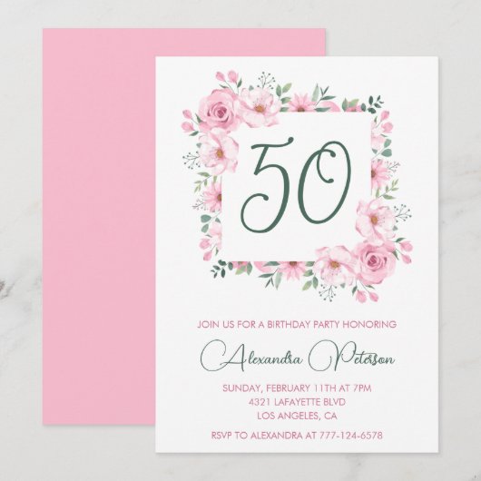 Invitations à 50e anniversaire Floral Elegant Pink (Devant / Derrière)