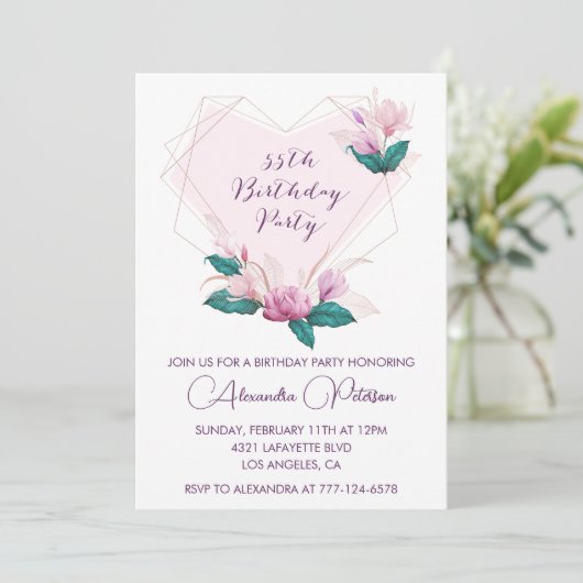 Invitations à 55e anniversaire Elegant Boho rose (Debout devant)