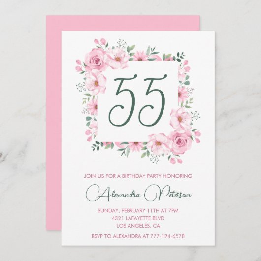 Invitations à 55e anniversaire Floral Elegant Pink (Devant / Derrière)