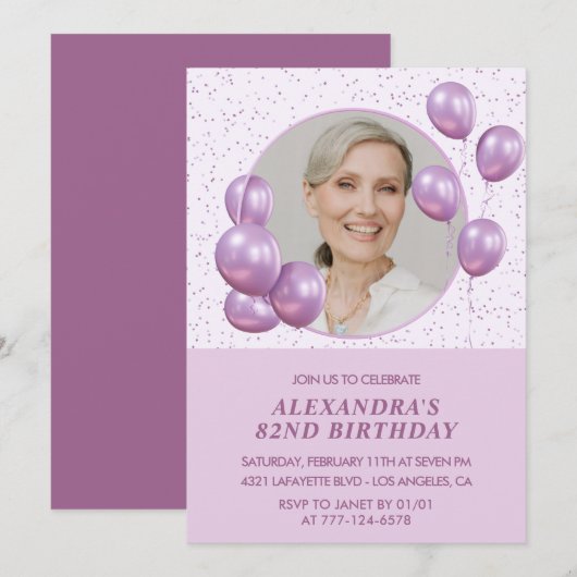 Invitations à 82e anniversaire Photo Purple Ballon (Devant / Derrière)