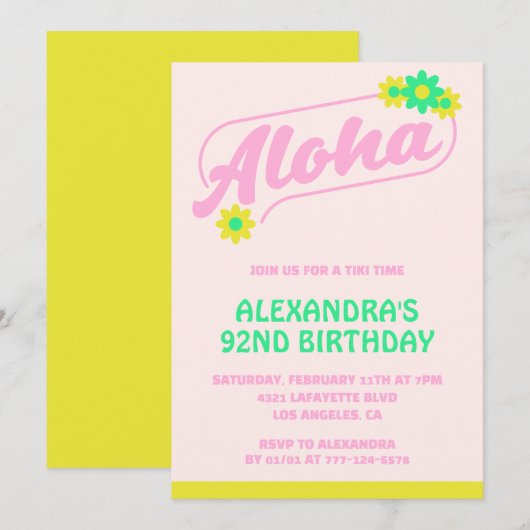 Invitations à 92e anniversaire Tropical Aloha Pink (Devant / Derrière)
