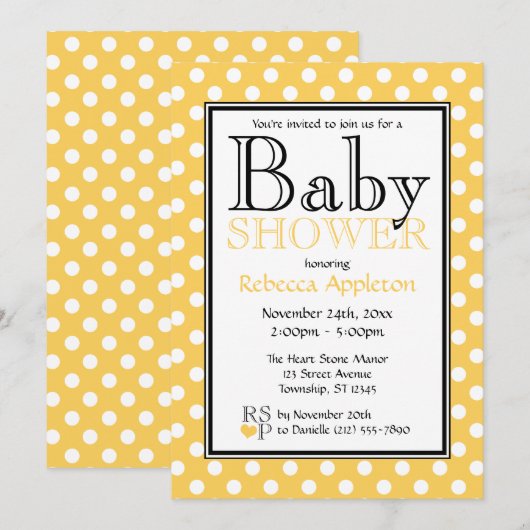 Invitations à la douche à bébé jaune Polka Dot (Devant / Derrière)