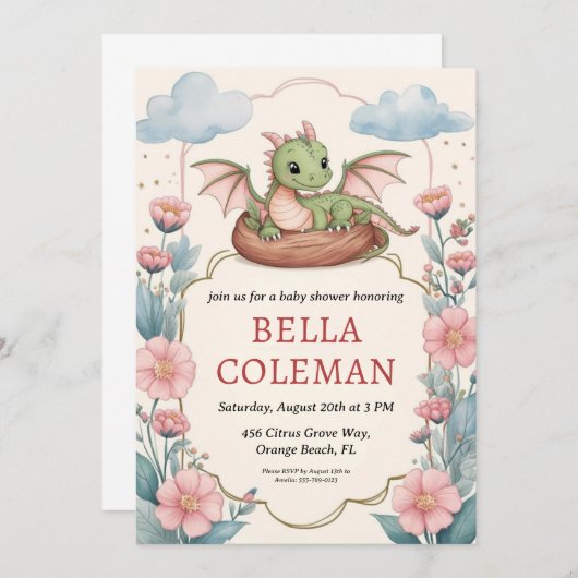 invitations à la douche bébé dragon mignonne (Devant / Derrière)