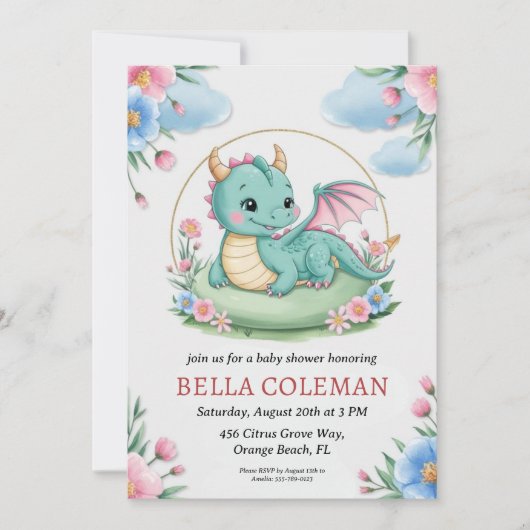 invitations à la douche bébé dragon mignonne (Devant)