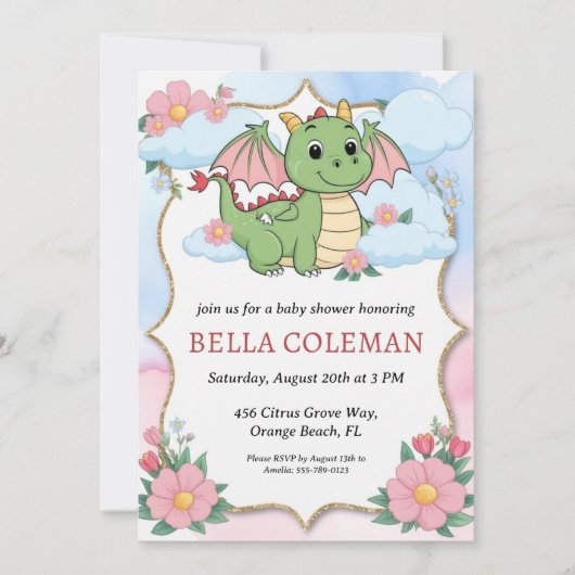 invitations à la douche bébé dragon mignonne (Devant)