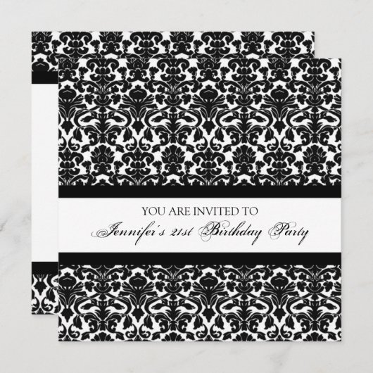 Invitations à la fête d'anniversaire Black Damask (Devant / Derrière)
