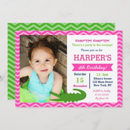 Invitations à la fête d'anniversaire d'Alligator p (Devant / Derrière)