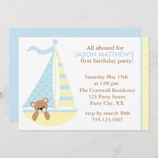 Invitations à la fête d'anniversaire de Bear Sailb (Devant / Derrière)