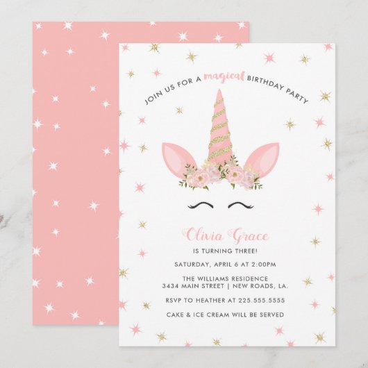 Invitations à la fête d'anniversaire de la licorne (Devant / Derrière)