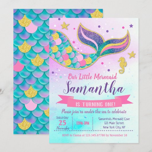 Invitations à la fête d'anniversaire de la Sirène (Devant / Derrière)
