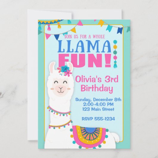 Invitations à la fête d'anniversaire de Llama (Devant)