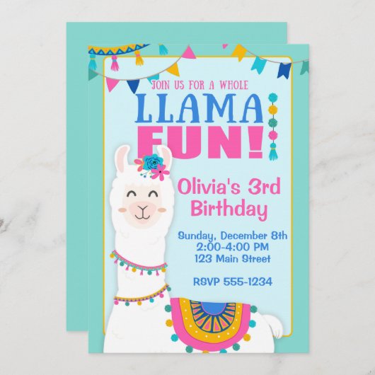 Invitations à la fête d'anniversaire de Llama (Devant / Derrière)
