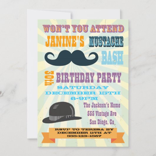 Invitations à la fête d'anniversaire de Mustache (Devant)