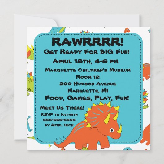 Invitations à la fête d'anniversaire de RAWRRR Din (Dos)
