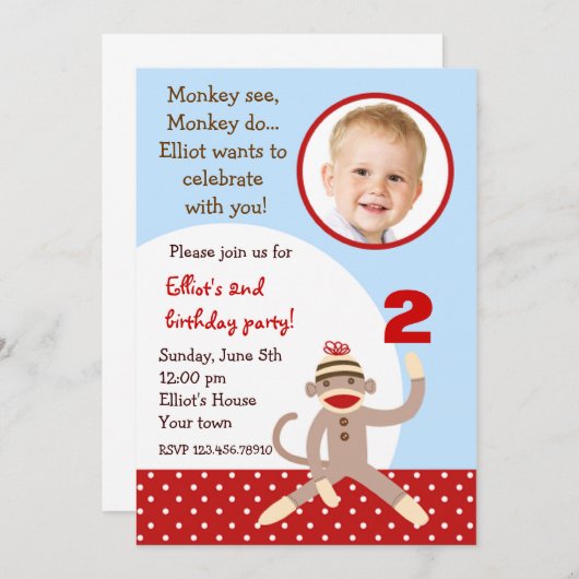 Invitations à la fête d'anniversaire de Sock Monke (Devant / Derrière)