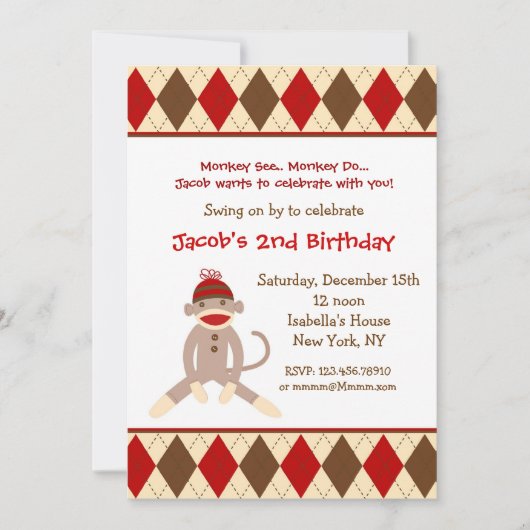 Invitations à la fête d'anniversaire de Sock Monke (Devant)