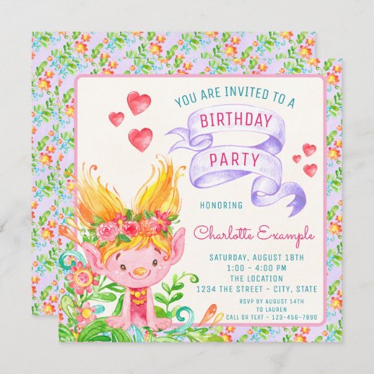 Invitations à la fête d'anniversaire de Troll (Devant / Derrière)
