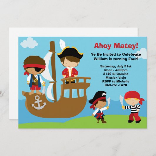 Invitations à la fête d'anniversaire des pirates (Devant / Derrière)