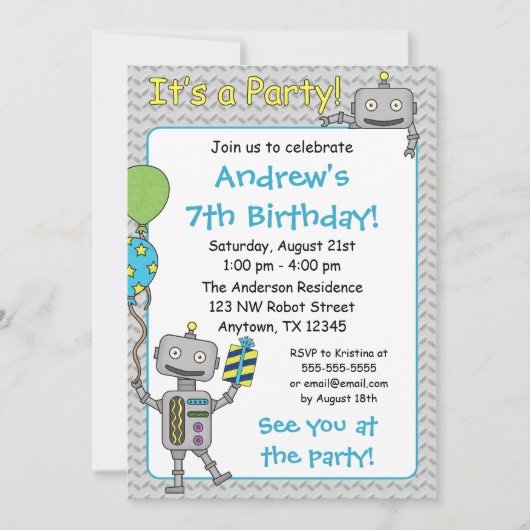 Invitations à la fête d'anniversaire des robots (Devant)