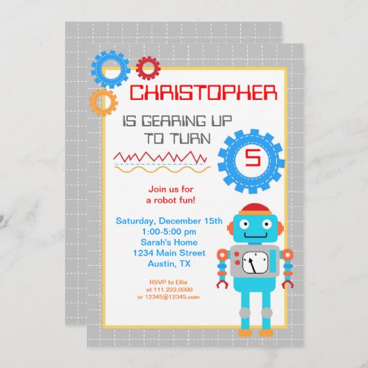 Invitations à la fête d'anniversaire des robots (Devant / Derrière)