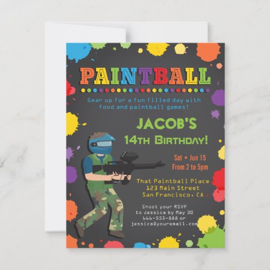 Invitations à la fête d'anniversaire du Paintball (Devant)