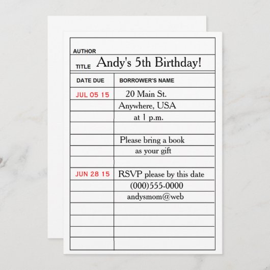 Invitations à la fête d'anniversaire "Library Card (Devant / Derrière)