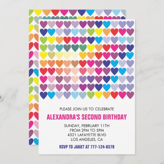 Invitations à la fête de couleurs Rainbow Heart Mo (Devant / Derrière)