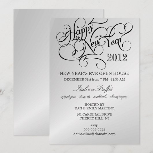 Invitations à la fête du Nouvel An - Argent (Devant / Derrière)