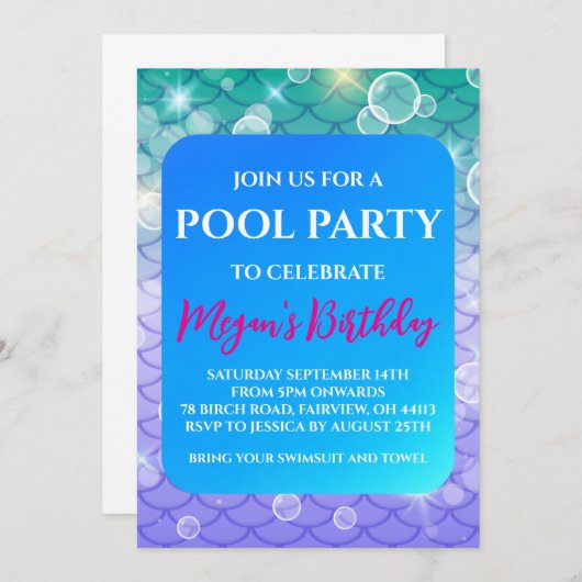 invitations à la fête du pool de sirènes (Devant / Derrière)