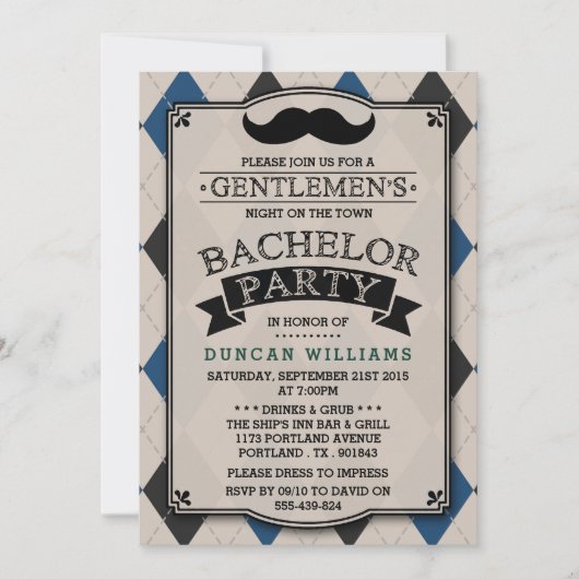 Invitations à la Mustache branchée du Bachelor Par (Devant)
