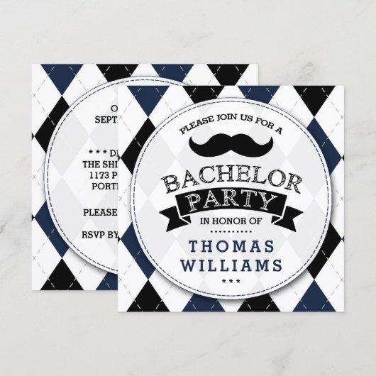 Invitations à la Mustache branchée du Bachelor Par (Devant / Derrière)