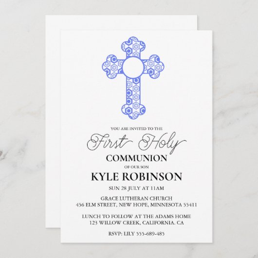 invitations à la première communion bleue (Devant / Derrière)
