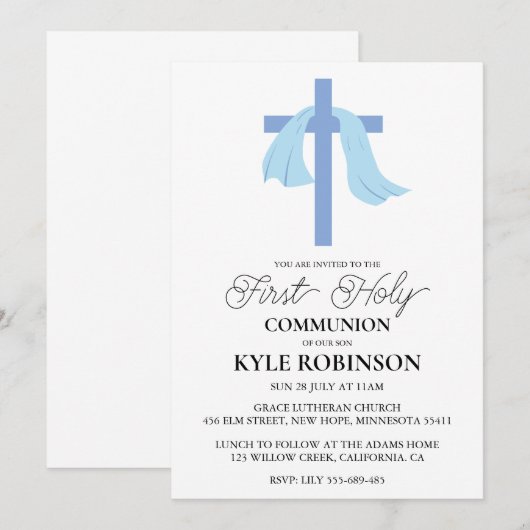 invitations à la première communion bleue (Devant / Derrière)