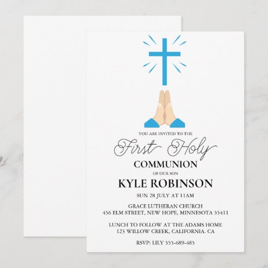 invitations à la première communion bleue (Devant / Derrière)