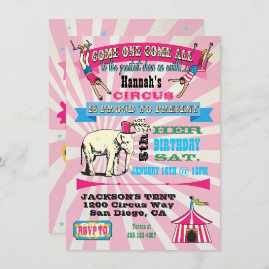 Invitations à la réception de style Cirque GIrly (Devant / Derrière)