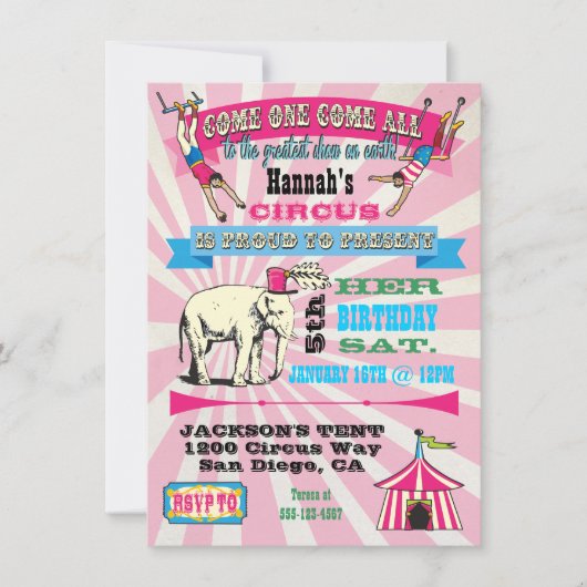 Invitations à la réception de style Cirque GIrly (Devant)